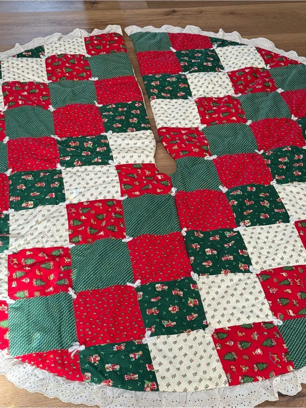 VTG Handmade Quilted Patchwork LARGE Christmas Tree Skirt Lace Geese Goose Santa